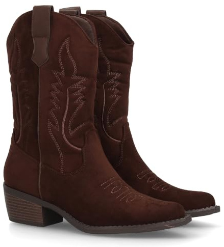 Botas Cowboy de Mujer Estilo Western con Diseno Limpio y Elegante. Cana Alta con Costuras Decorativas y Cierre de Cremallera, Tacon bajo, Ancho y Comodo. Ideal Otono Invierno.