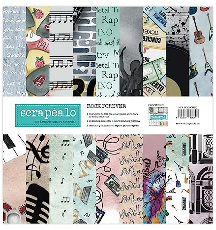 Rock Forever: Colección de 18 papeles para scrapbooking con tarjetas recortables | tamaño de 30,5 x 30,5 cm. | papel de 190 gr./m² | Impresos a color a una cara (18 diseños) | Incluye hoja de diecuts.