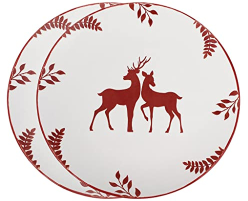 Dinner Plate Set of 2 Christmas Reindeer Stoneware Dinner Plates (Red) | Dishwasher Safe, Microwave Safe, Hand Finished, Ceramic, Glazed, Stag, Tableware, Christmas Crockery