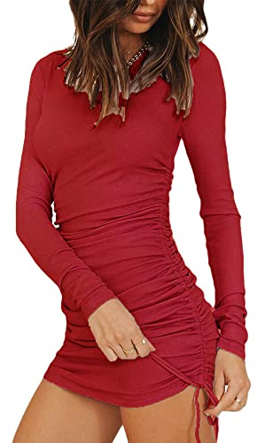 YILEEGOO Women Bodycon Ruched Mini Dress Long Sleeve Side Drawstring Stretchy Casual Ribbed Knit Party Club Dress (Red, S)