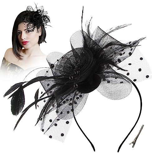 Fascinator Hat Headband - Women Fascinator Clip Flower Mesh Ribbons Feather Headband Headwear Headpiece for Women Wedding Party Races Cocktail Tea Party Derby Hat Black