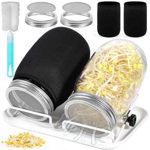 GUHAOOL Bocal de Germination,2 x 1000ml Germoir en Verre Bocal à Germes,2 Couvercle à Grille en Acier Inoxydable,2 Support,1 Plateau,2 Toile d'ombrage et 1 Brosse, Bocal de Germination de Graines