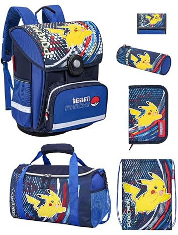 Familando - Schulranzen Set 6-teilig mit Sporttasche - Pokémon mit Pikachu Motiv - Ergonomisch, stabil & mit gepolstertem Rücken - 990g leicht, 16L Volumen - Mit Reflektoren - ab 1. Klasse