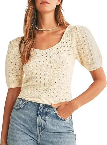 Saodimallsu Jersey de manga corta para mujer, cuello en V, jersey de punto de verano, mangas abullonadas, blusas de ganchillo, blusas ahuecadas elegantes, ligeras, beige, L