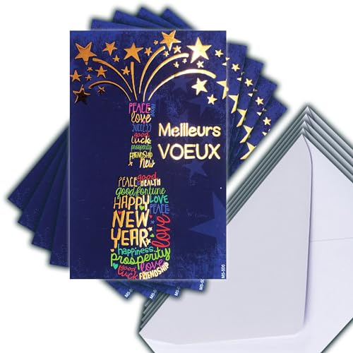 M5-506 LOT 5 Cartes identiques Meilleurs Vœux en Or Doré 13,5x8,5cm + 5 Enveloppes blanches 14x9cm - Bonne Année Souhaits Janvier Mots en forme de Bouteille étoiles - Créé Imprimé Fabriqué en France
