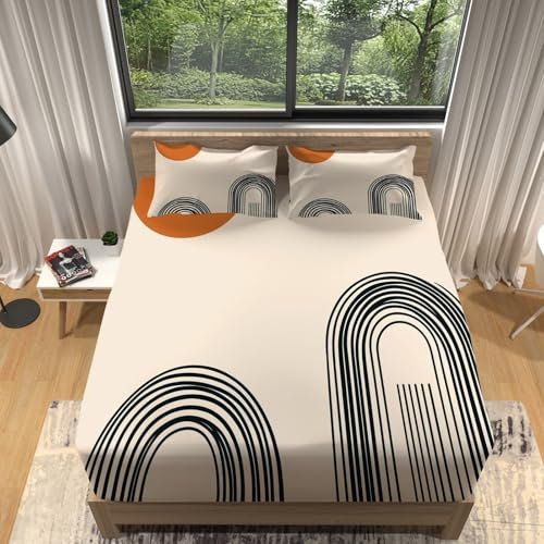 Bedrucktes Spannbettlaken Für Bettwäsche Abstrakt Geometrisch Linie Mädchen Bettlaken 90 X 200 cm Tiefe Tasche 30 cm Beige Braun Mit 2 Kissenbezügen Pflegeleicht