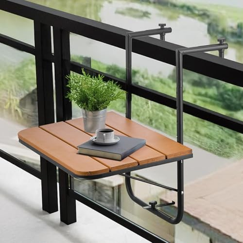 VEVOR Tavolo Sospeso Pieghevole in Metallo per Ringhiera del Balcone da 595 x 400 mm, Tavolo da Bar all'Aperto per Ringhiere, Regolabile su 4 Livelli, per Ringhiere e Patio e Terrazza
