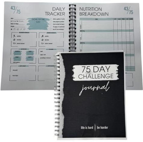 75 Day Challenge Journal, 8.5x11 inch Spiral-Bound Fitness Tracker with Daily Nutrition Log, Body Measurement Charts, Weight Loss Progress Tracker