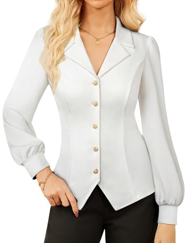 GRACE KARIN kvinnors knappblus elegant smal passform midjeskjorta klassisk krage blus, Vitt, XL