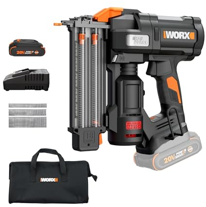 WORX Brad Nailer Cordless, 20V 18 ga Brushless Nail Gun Cordless, High Driving Power, Up to 2-⅛ into Hardwood, Narrow Nose, 3 LEDs, 3000 Nails & 20V 2.0 Ah Battery and Charger Included, PowerShare