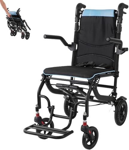 Silla de Ruedas Plegable Ligera,Sillas de ruedas con altura ajustable y manija telescópica, reposabrazos extraíbles, sostiene 100kg, ancho máximo 55cm estrecho para personas mayores, viajes