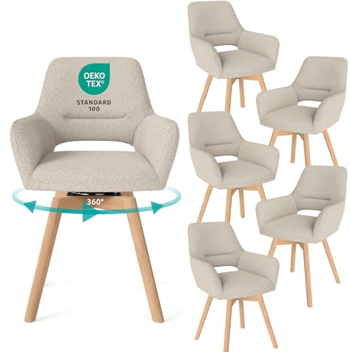 WAFTING Lot de 6 Chaises Salle à Manger Pivotantes 360° avec Accoudoirs | Chaise Pivotante Salle à Manger Rembourrée à Pieds de Hêtre, pour Salon Chambre Cuisine et Coin Accueil, Khaki