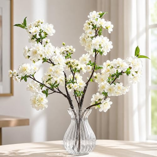 Quelcc Ramas de Cerezo Artificiales de 49 cm - 3 Unidades de Flores de Seda Artificiales con Tallos Flexibles - Decoración Floral Artificial para Hogar, Bodas, Mesa o DIY - Blancas