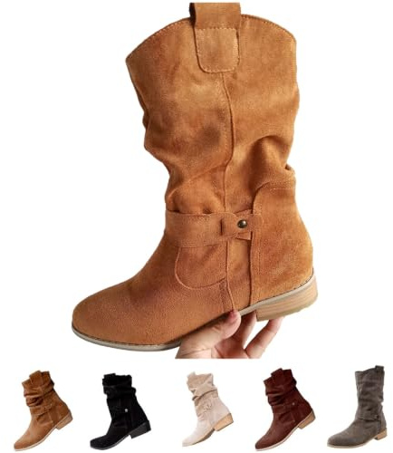 Kvinnor Slouch Mid Calf Flat Boots Casual Spetsiga Stövel Med Sidodragkedja | Låg Tjock Klackstövel Med Dragkedja På Sidan Dam Casual Stövlar I Konstmocka Med Rund Tå