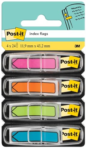 Post-it Index Arrow Flags - 4 Dispensers 24 Flags of Each Colour 11.9 mm x 43.2 mm - To Mark, Highlight or Colour Code Important Information