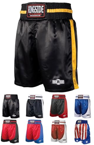 Ringside Pro-Style Boxing Trunks, Satin Boxing Shorts for Men and Women, Ideal for Boxing, MMA, Muay Thai, Black/Gold, Youth Medium
