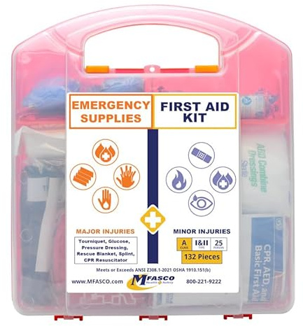 MFASCO Emergency Kit & First Aid Combo Kit - Combines Basic First Aid with supplies for Major Injuries - OSHA 2021 Class A Compliant - First Aid Kit for Business - First Aid Kit for Home and Workplace