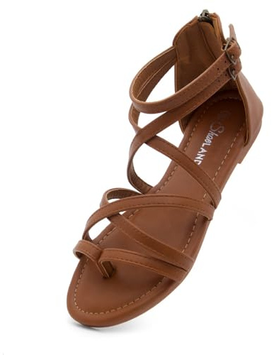 Shoe Land Gladiator Sandals for Women – Strappy Flat Sandals with Ankle Strap & Back Zipper | Fisherman Thong Strappy Style for Walking, & Daily Wear | Trendy 2025 Summer, Tan, Size 8.5, SL-Monaco