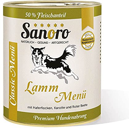 Sanoro Menü Classic Lamm mit 50% Fleischanteil - Premium Hundefutter in Teil-Bio-Qualität - Lamm mit Bio-Haferflocken, Bio-Karotte, Bio-Rote Bete, Bio-Apfel - singleprotein (6 x 800g)