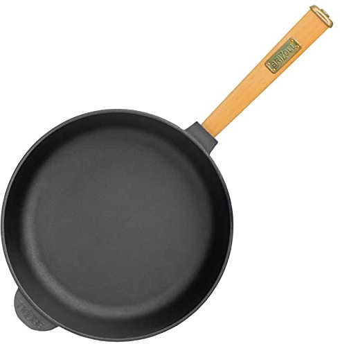 Padella in ghisa, diametro 24 cm, altezza 62 mm, con manico in legno, padella in ghisa a induzione, padella in ghisa, adatta per barbecue a gas, forno, focolare e tutti i piani cottura, con induzione