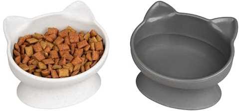 Kitty City Elevated Cat Bowls (Set of 2), Whisker-Friendly Raised Cat Food & Water Dishes, Modern Pedestal Design, Dishwasher Safe, 6.5 oz Each – White & Gray