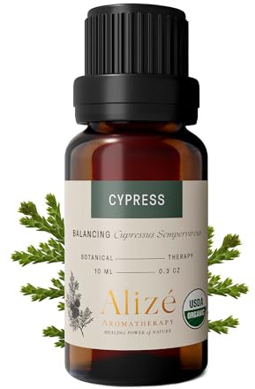 Alizé Aromatherapy Organic Cypress Essential Oil USDA Certified, Therapeutic Grade, 100% Natural & Pure, Cypress Oil for Skin, Hair Removal, for Diffusers for Home 10ml-0.33 fl oz