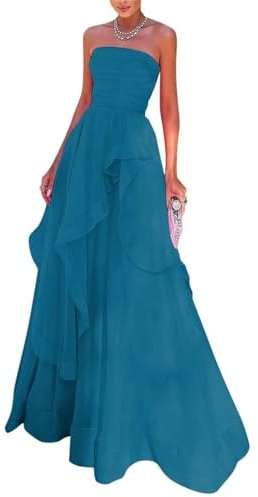 Abito da donna senza spalline in chiffon lungo senza maniche, linea A, abiti da damigella d'onore, abito da sera formale, abiti da sposa, Blu, 48