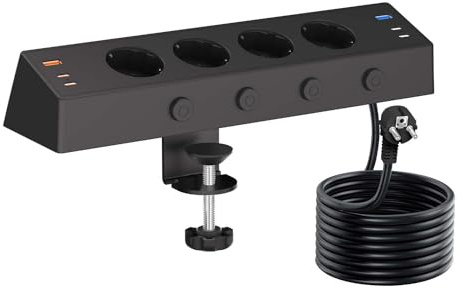 Bordsuttag med USB C 20W, 4-vägs grenuttag skrivbord individuellt omkopplingsbart med 4 USB C och 2 USB A, multipeluttag med strömbrytare, överspänningsskydd med 2M kabel för hemmakontor (svart)