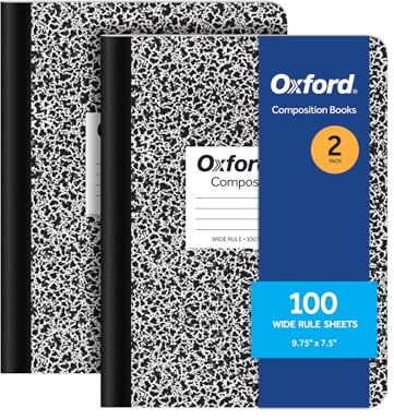 Oxford Composition Notebooks, 9-3/4 x 7-1/2 Inch School Journals, Wide Ruled Paper, Black Marble Covers, 100 Sheets per Book, 2 Pack (1002516)