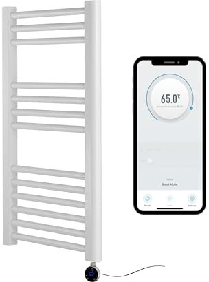 Greened House Scaldasalviette elettrico intelligente con controllo WiFi, 400 mm di larghezza x 800 mm di altezza, programmabile per 7 giorni, compatibile con app (barra bianca + elemento WiFi cromato)