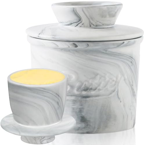 Lighterday Mantequera con tapa, mantequillera francesa con tapa de cerámica, recipiente para mantequilla untable (mármol, 10 cm)