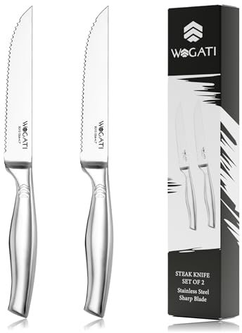 WAGATI Steak Knives Set of 2 – Rust-Free Stainless-Steel Steak Knives with Sharp Serrated Edge– Kitchen Steak Knife Set with Non-Slip Ergonomic Handle Stain & Scratch Resistant