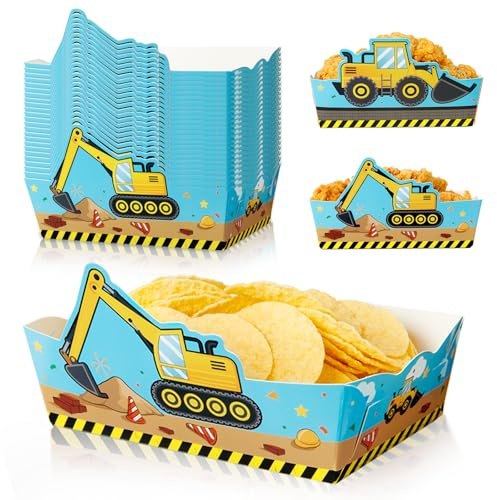 WERNNSAI 24 PCS Construction Snack Trays - Construction Birthday Party Supplies 2 Designs Excavator Paper Food Trays Truck Popcorn Nacho Hot Dog Boats for Kids Boys Excavator Birthday Decorations
