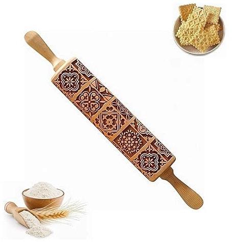 UMLIPOT Nudelholz, Nudelholz Holz, Teigroller mit Gleitlager, Teigroller, Muster Prägerolle Holz, Küchenwerkzeug Backzubehör für Gebäck, Kuchen, Keksen, Gebäck