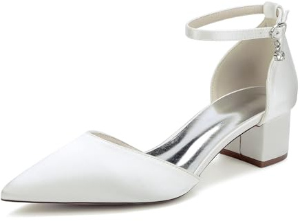 TNMIUH 1Chaussures de Mariage Confortables à Talons Bas pour Femmes Bout Pointu fermé Bride à la Cheville Escarpins de mariée en Satin Chaussures habillées à Talons Bas,Ivoire,39 EU