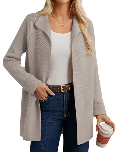 GRACE KARIN Cardigan da donna, lungo, a maniche lunghe, con collo a risvolto, casual, aperto davanti, cappotto a maglia, beige., L