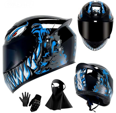 Casco Integral de Motocicleta 2025 con Visera Solar Negra para Adultos, Casco de Moto de Carreras de Calle con Guantes Y MáScara, Aprobado por El Dot(KK1,3XL(64-65cm))