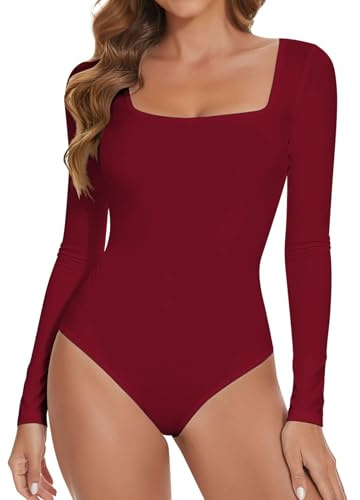 Joyshaper Women Bodysuit Square Neck Long Sleeve Body Suit Ladies Leotard Tops Jumpsuit Wine Red,XXL