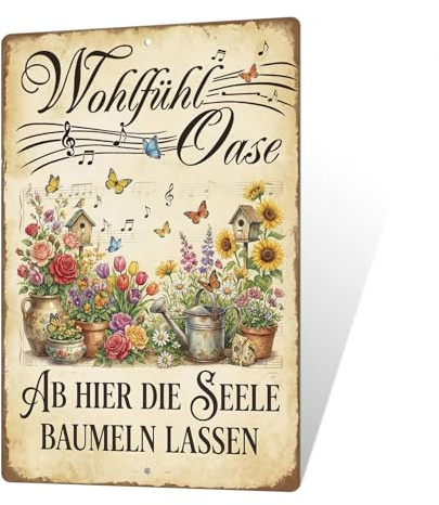 Putuo Decor Aluminium-Metallschild „Wohlfühl Oase – Ab hier die Seele baumeln lassen“ Vintage Wanddeko mit Musiknoten Schmetterlingen Blumen, Landhaus Stil Schild für Gartenhaus Terrasse Balkon