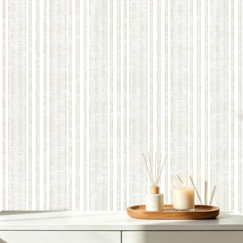 Amiya Papel tapiz autoadhesivo de vinilo a rayas para dormitorio, sala de estar, apto para inquilinos, color beige, 44 cm x 600 cm