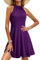 OUGES Robe D'éTé Ladies Knee Length Halterneck Dress Summer Floral Pattern Elegant Cocktail Dress(Violet-M)