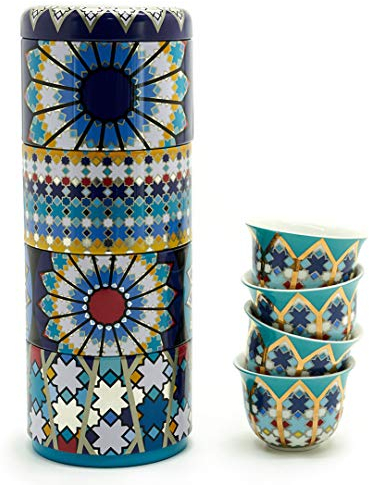 Images d'Orient Set de Cadeaux 2 en 1 Boîte en métal avec des Tasses à café Tasses à Espresso Tasses à Moka en Porcelaine 4x60 ML dans Un Design méditerranéen, Oriental Café Cuisine Vaiselle