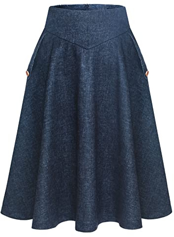 Bbonlineklänning, kjol, dam, lång, vintage, elegant, rutig, vinterkjol, varm, elastisk midja, A-linje, kjolar, ledig, hög midja, kjol, knälång, marinblå, L