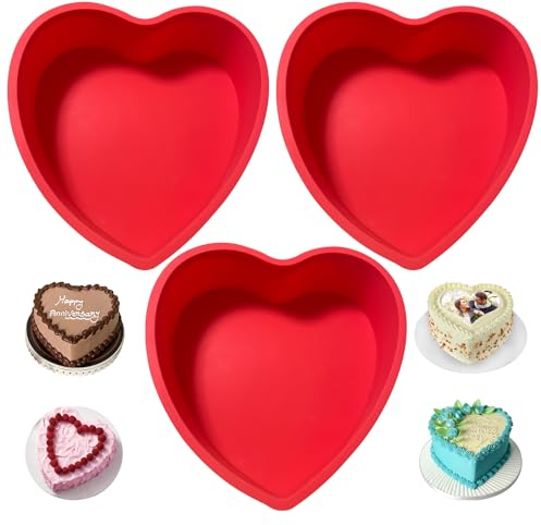 Heart Shaped Cake Tin, 3pcs 8 Inch Silicone Love Moulds, Cake Baking Pan Non-Stick Quick Release Suitable Baking Tray for Muffins Puddings Bread