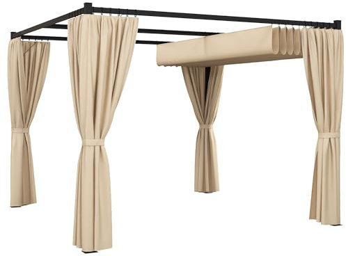 Outsunny 3 x 3(m) Pergola with Retractable Roof Canopy and Curtains, Metal Frame Garden Gazebo Outdoor Sun Shade Shelter for Grill, Patio, Deck, Beige