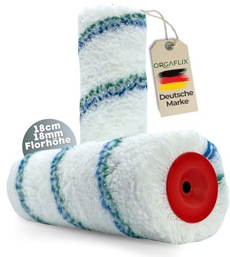 ORGAFLIX Profi Farbwalze 18cm - 2 Stück - Ideale Farbaufnahme und Abgabe - Florhöhe ca. 18mm, Kern 48mm, Farbroller Wandfarbe, Malerrolle groß, Farbrolle, Malerwalze, Maler-Zubehör, Maler-Set