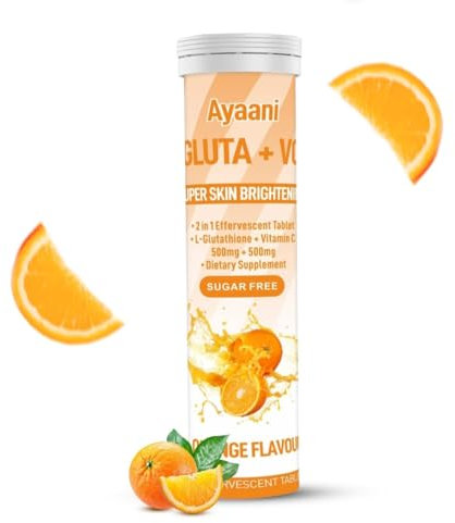Ayaani Glow | Glutathione 1000 mg + Vitamin C Effervescent Tablets – Sugar-Free Vegan Beauty Drink for Skin Brightening & Collagen Support (20 Tablets, Orange Flavour)