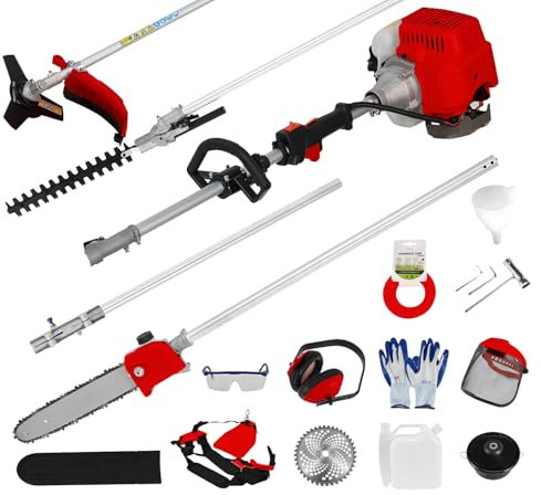 Cortasetos de gas de 52 cc, multifuncional, de gasolina, desbrozadora de gas, mochila de sierra de poste, cortador de cepillo, cortador de malas hierbas, cortacésped a gas, rojo (rojo 5 en 1)