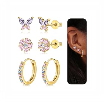 JeweBella 3 Paar Ohrringe Silber/Gold für Damen Mädchen - 14K Gold Set Ohrstecker Creolen 925 Silber Pfosten Earrings Stapelbar für Mehrere Piercings