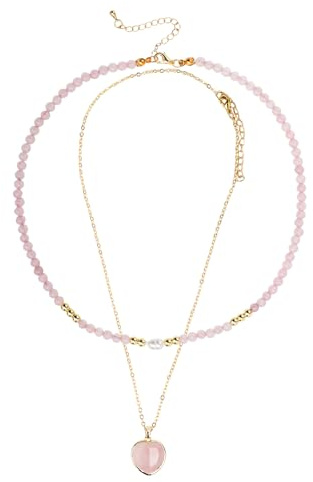 2 Delar av Halsband för Kvinnor, Natursten Pärlhalsband och Hjärthänge Halsband Handgjort Halsband Trendiga Staplade Halsband för Kvinnor Present (Rosenkvarts)